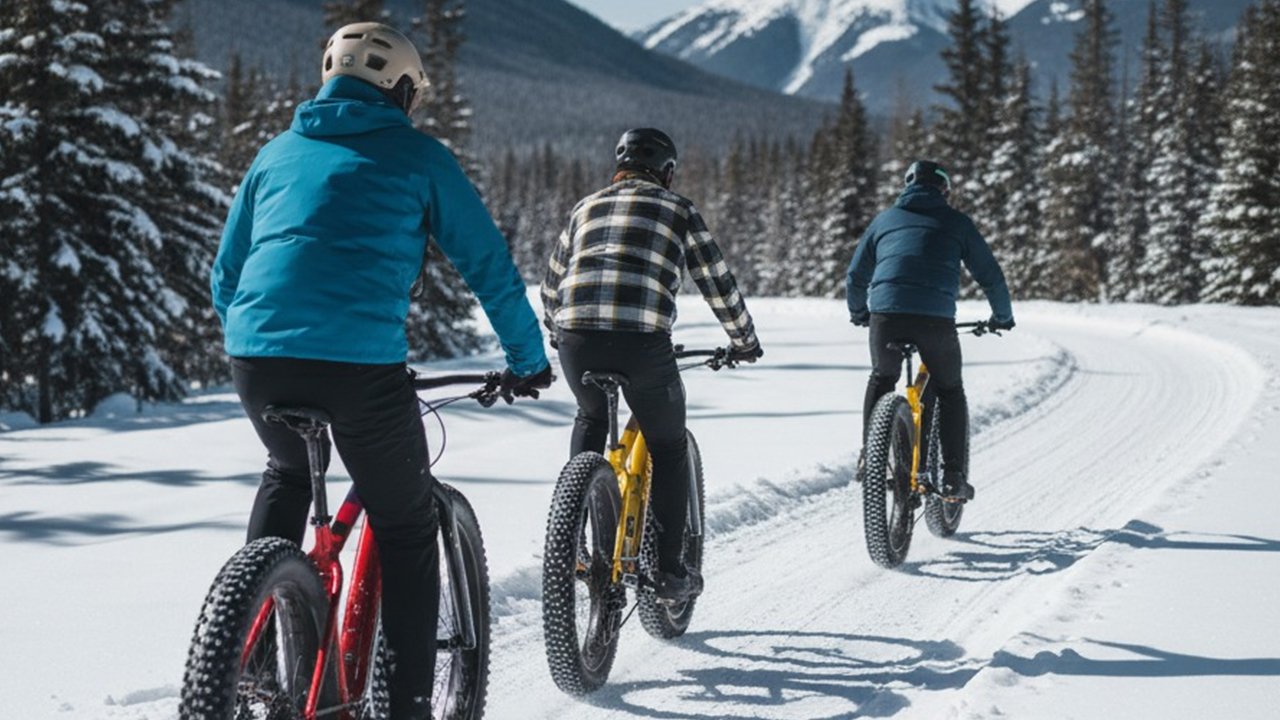 Trois hommes en randonné durant l'hiver avec leur vélo électrique Spherik et taubik