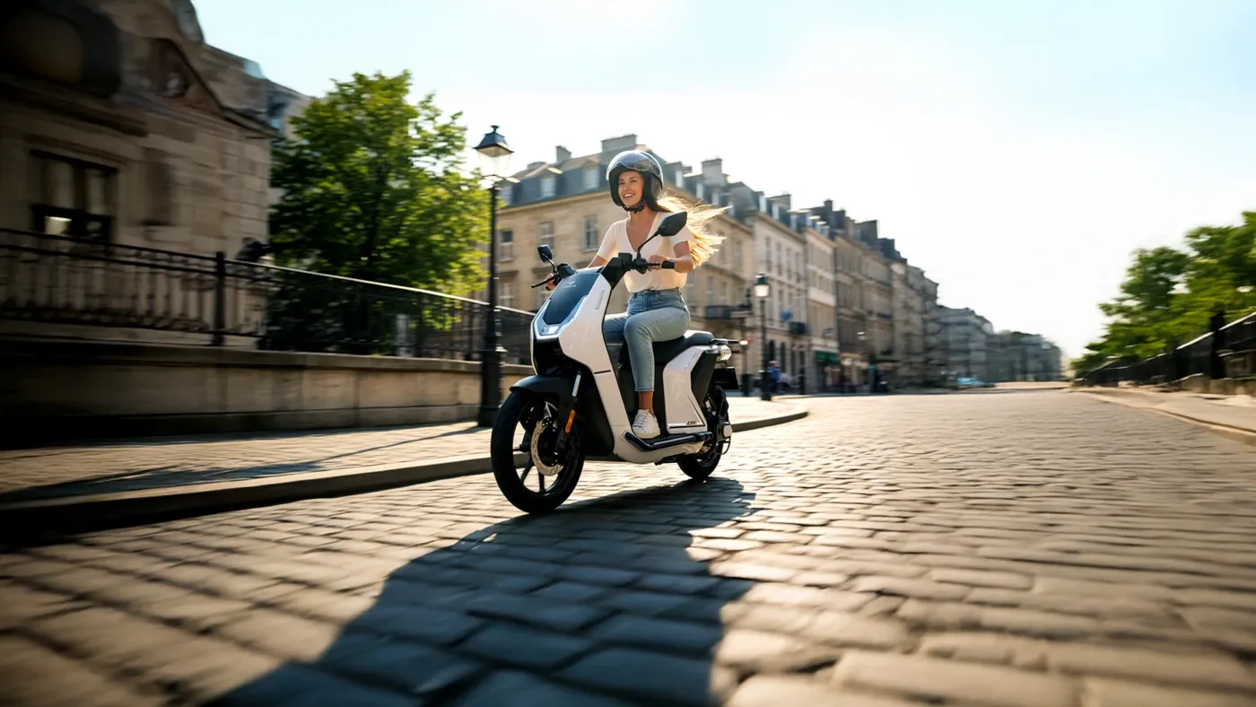 Conductrice portant un casque sur un scooter électrique VMoto CITI blanc dans une rue pavée, pour les déplacements en ville.